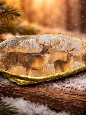 Decorative Deer Decoupaged Oyster Shell in Gold